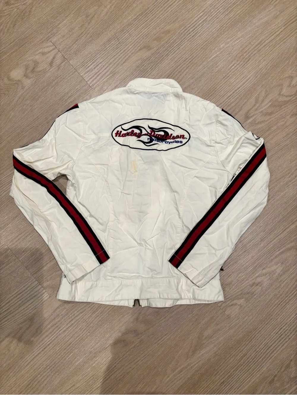 Women’s Harley-Davidson White Jacket with Red and Black Sleeve Stripes
